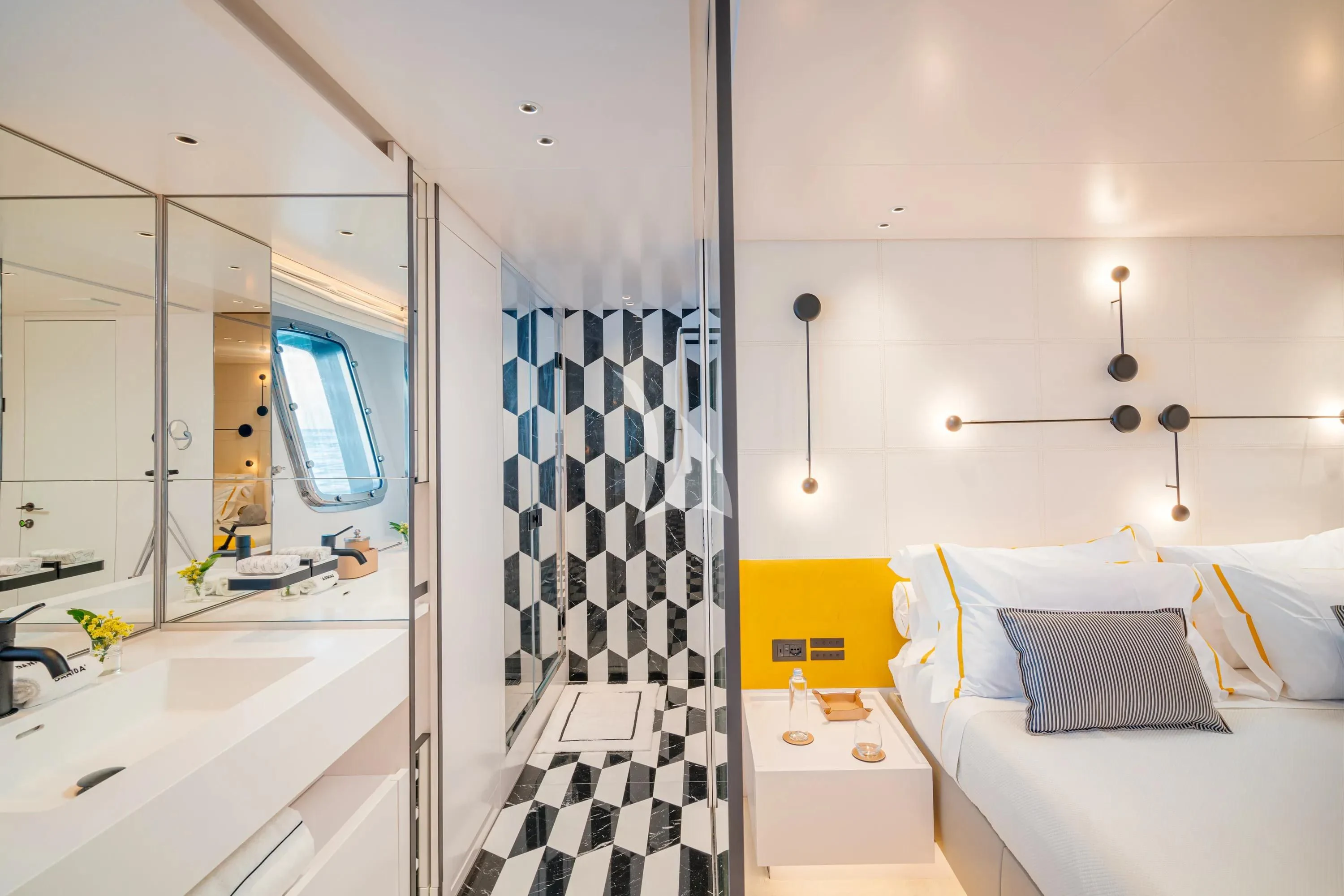 a bathroom with a glass shower aboard DANIDA Yacht for Charter