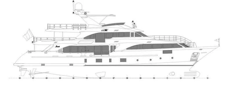 a black and white drawing of a ship aboard ITHAKA Yacht for Sale