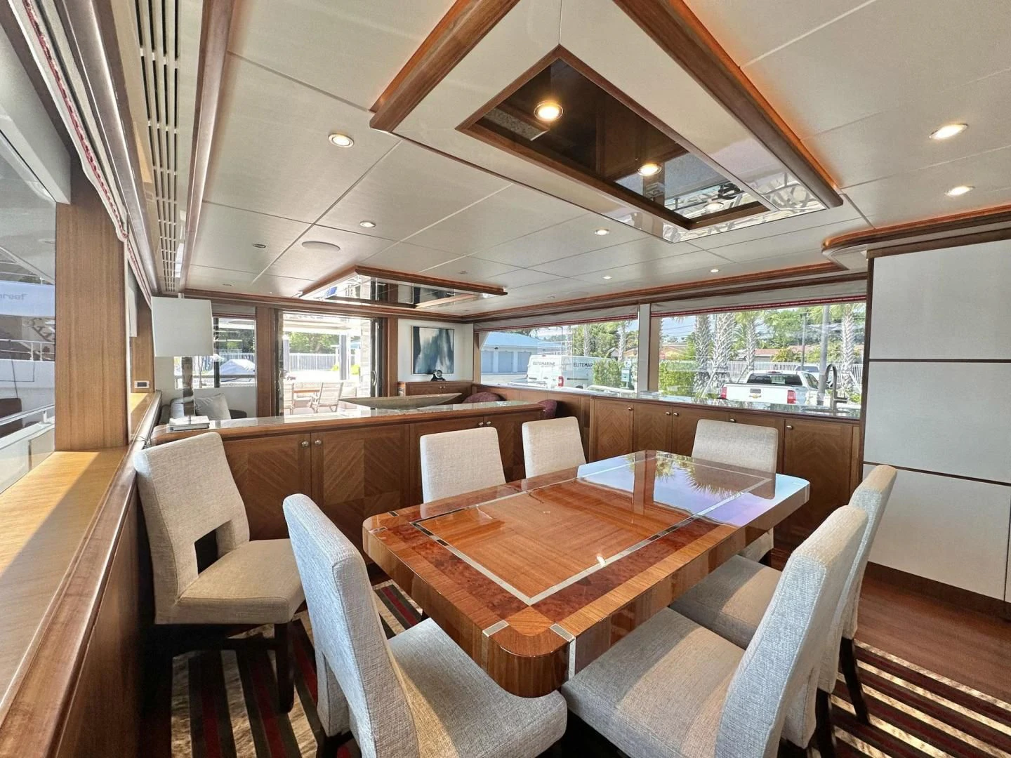 a wood table in a room aboard CRUMDALE Yacht for Sale