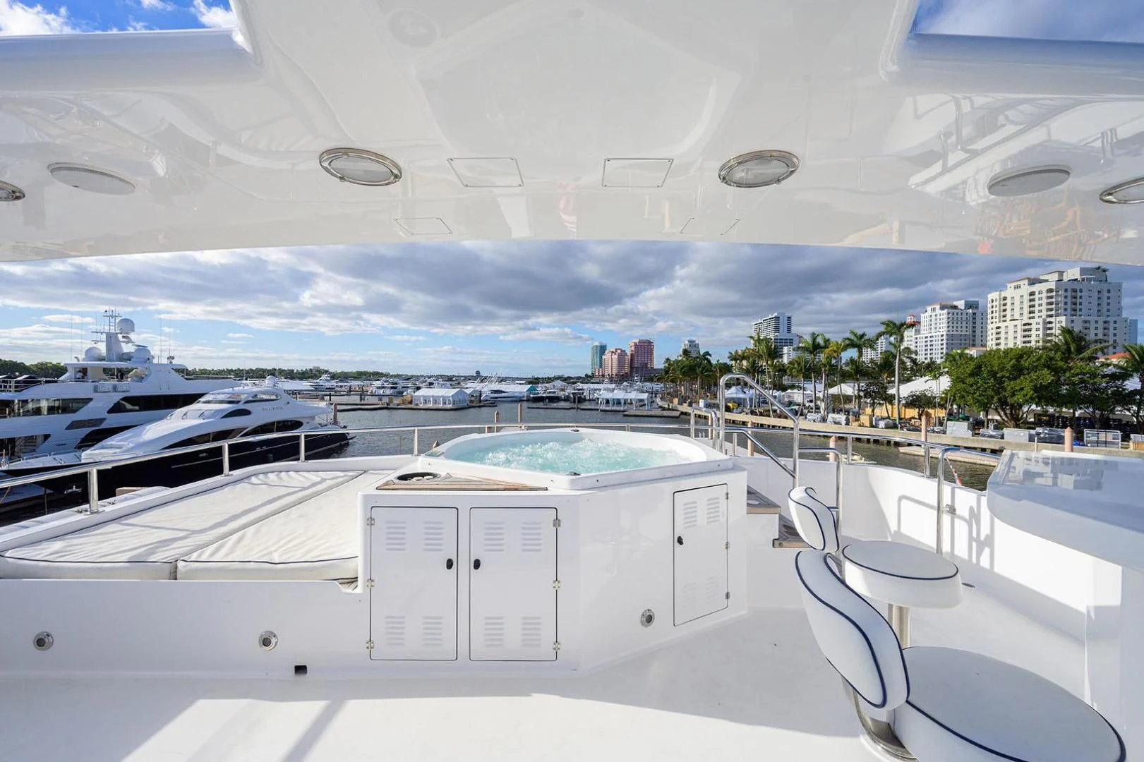 a rooftop view of a city aboard LEGACY Yacht for Sale