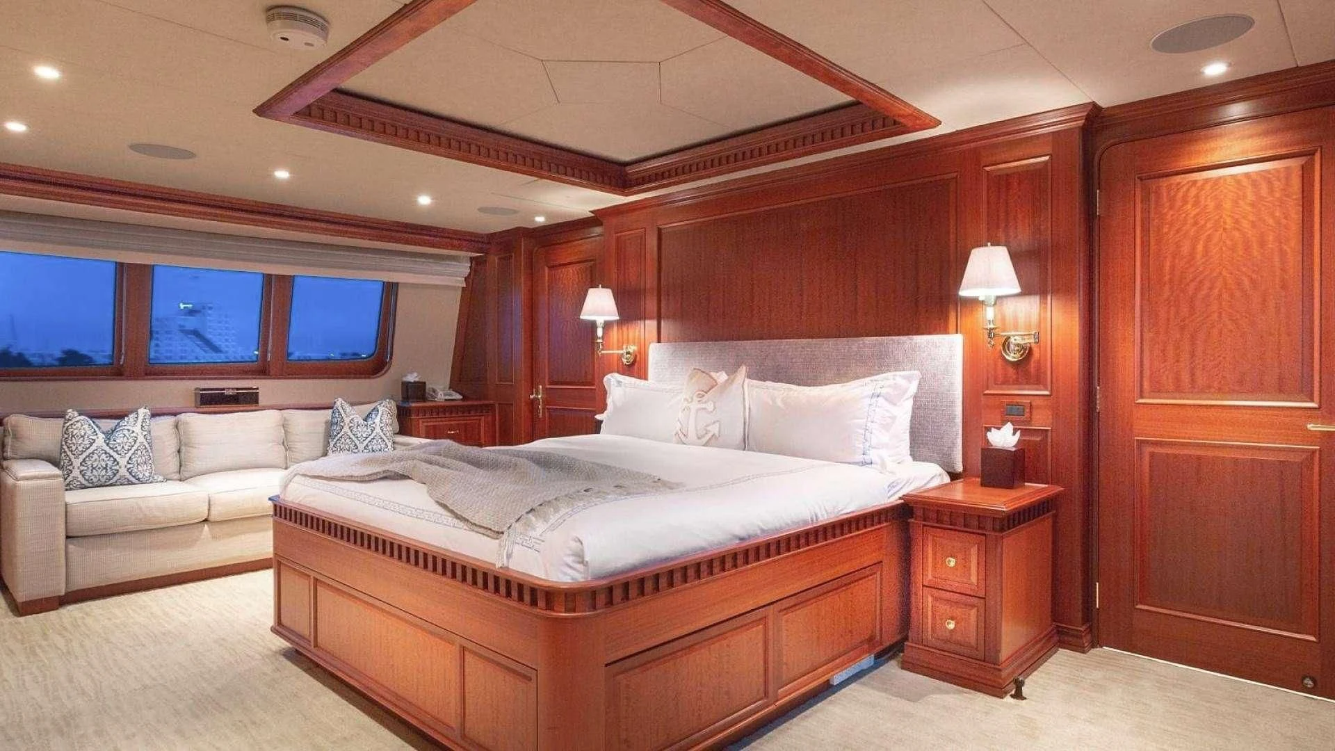 a bed in a room aboard LEGACY Yacht for Sale