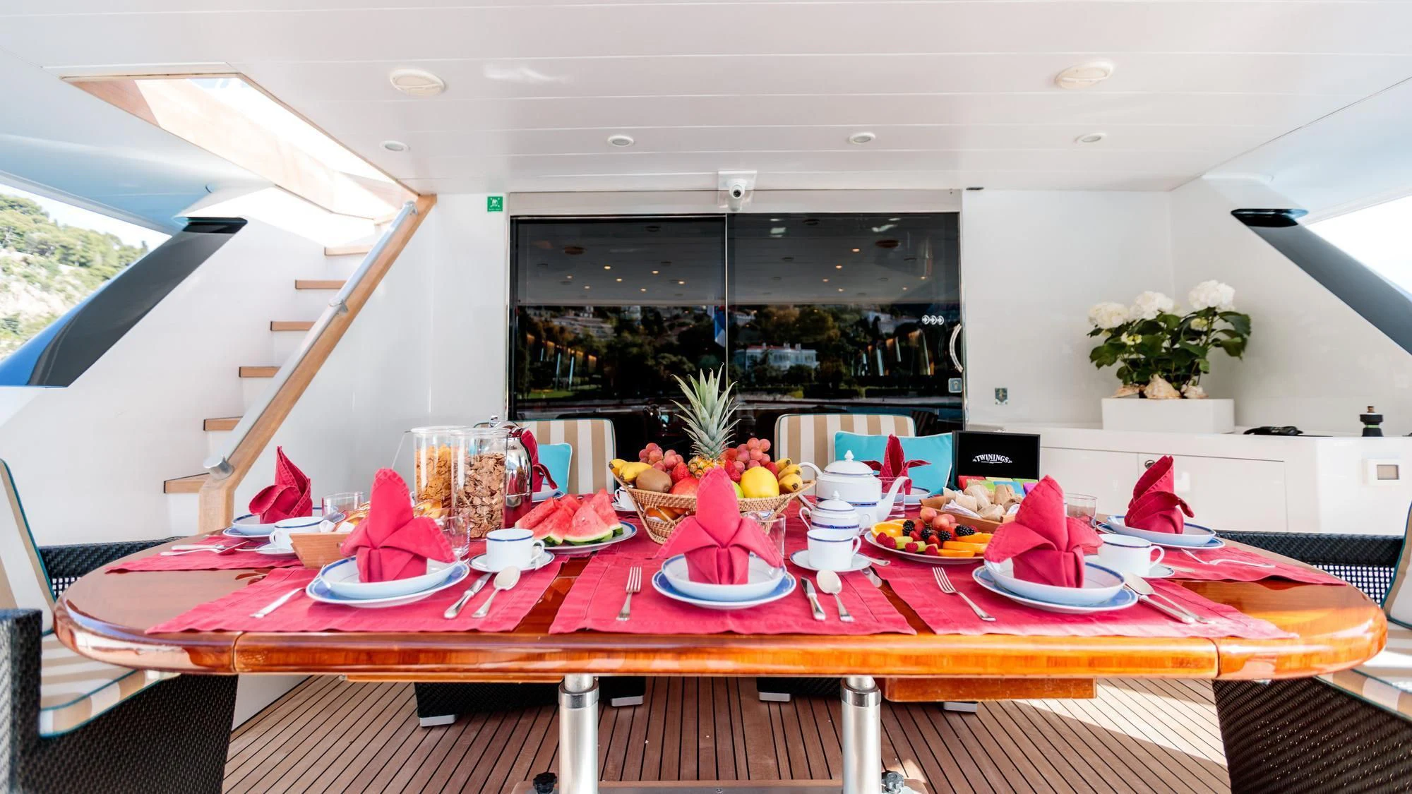 a table with food on it aboard HEMILEA Yacht for Charter