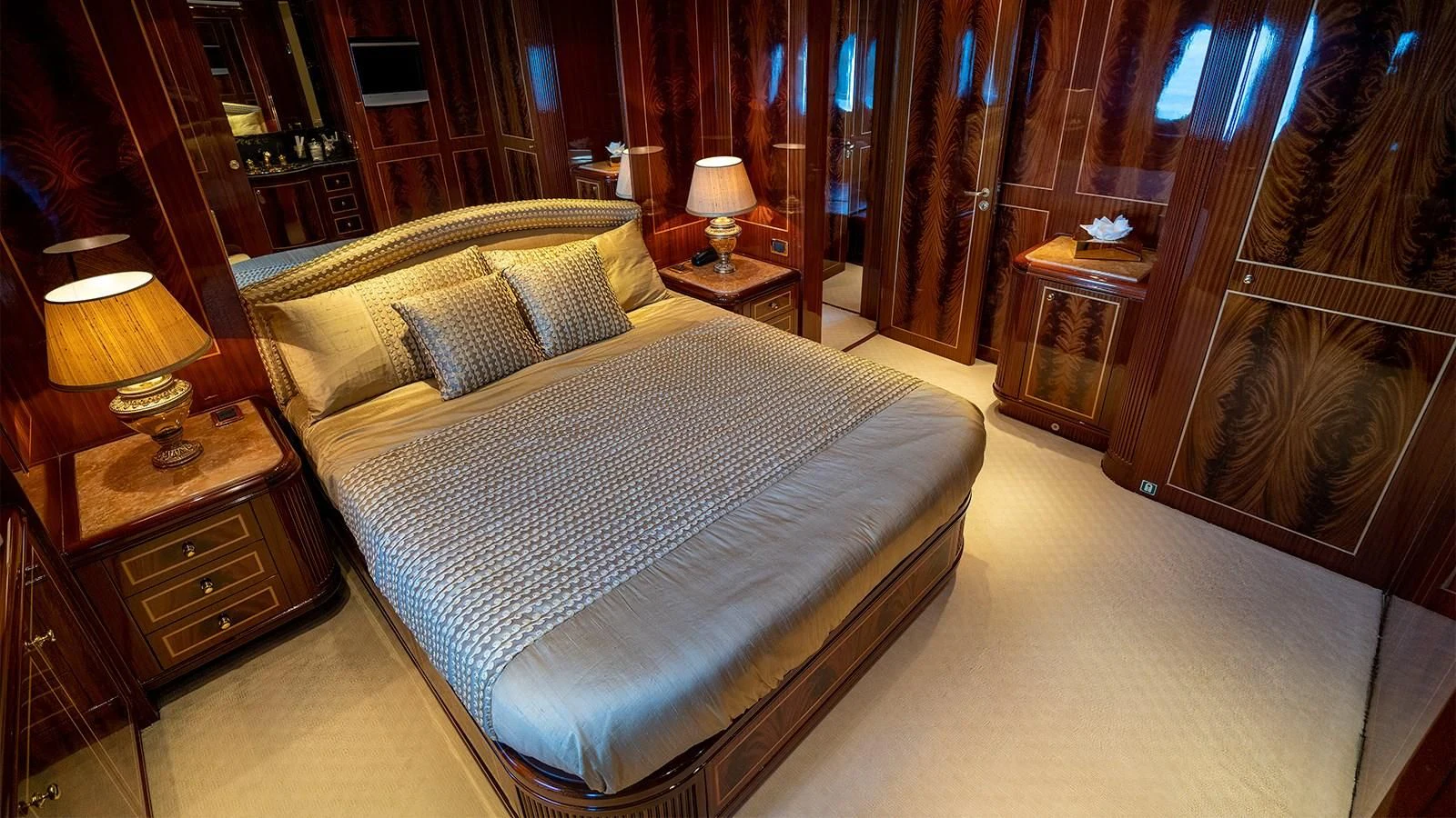 a bed in a room aboard ABILITY Yacht for Sale