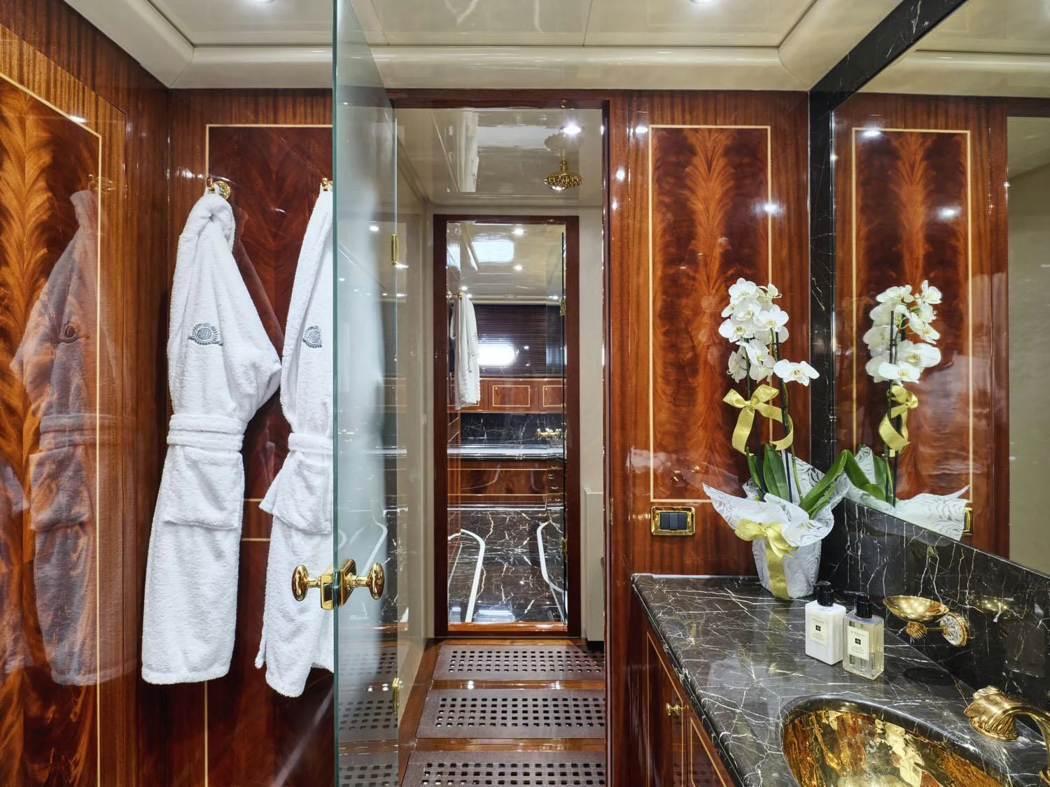 a fancy bathroom with a marble counter top aboard ABILITY Yacht for Sale
