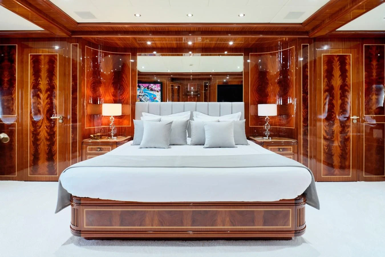 a bed in a hotel room aboard ABILITY Yacht for Sale