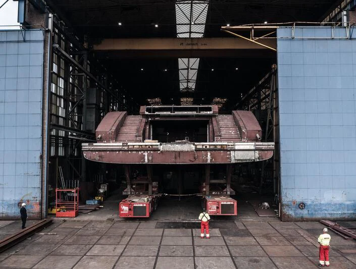 a large metal structure with a red roof aboard LEVIATHAN Yacht for Sale