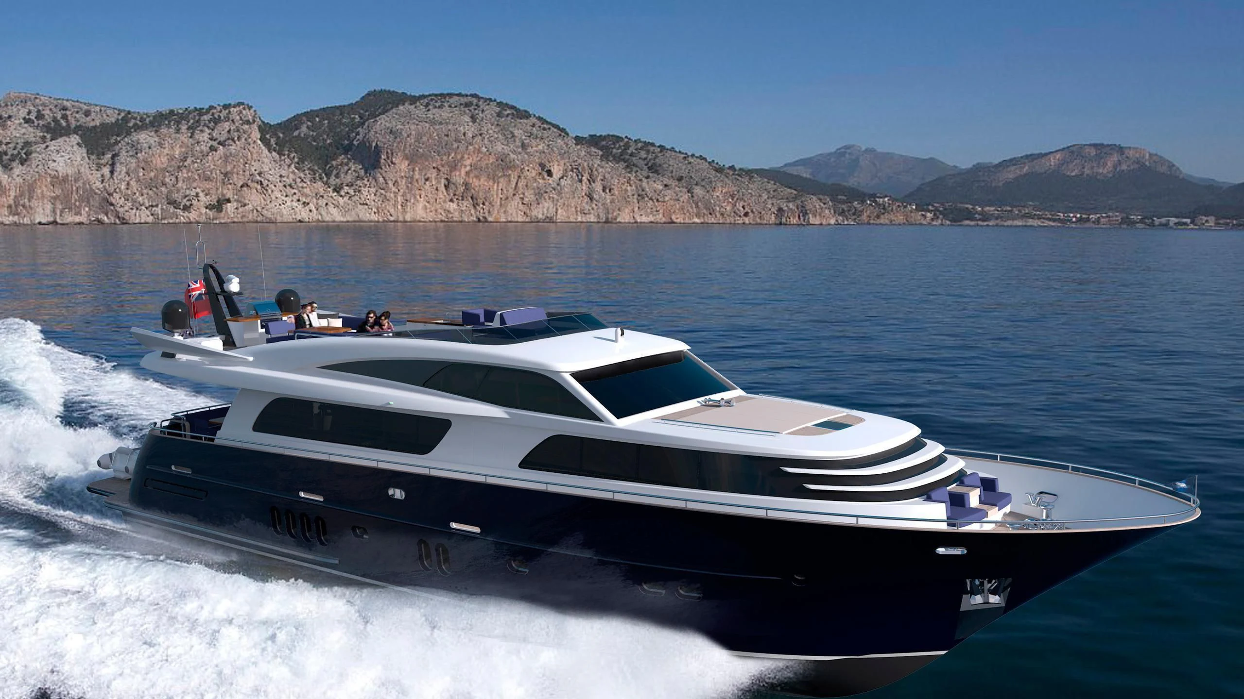 a boat on the water with Lake Mead in the background aboard FORUM Yacht for Sale