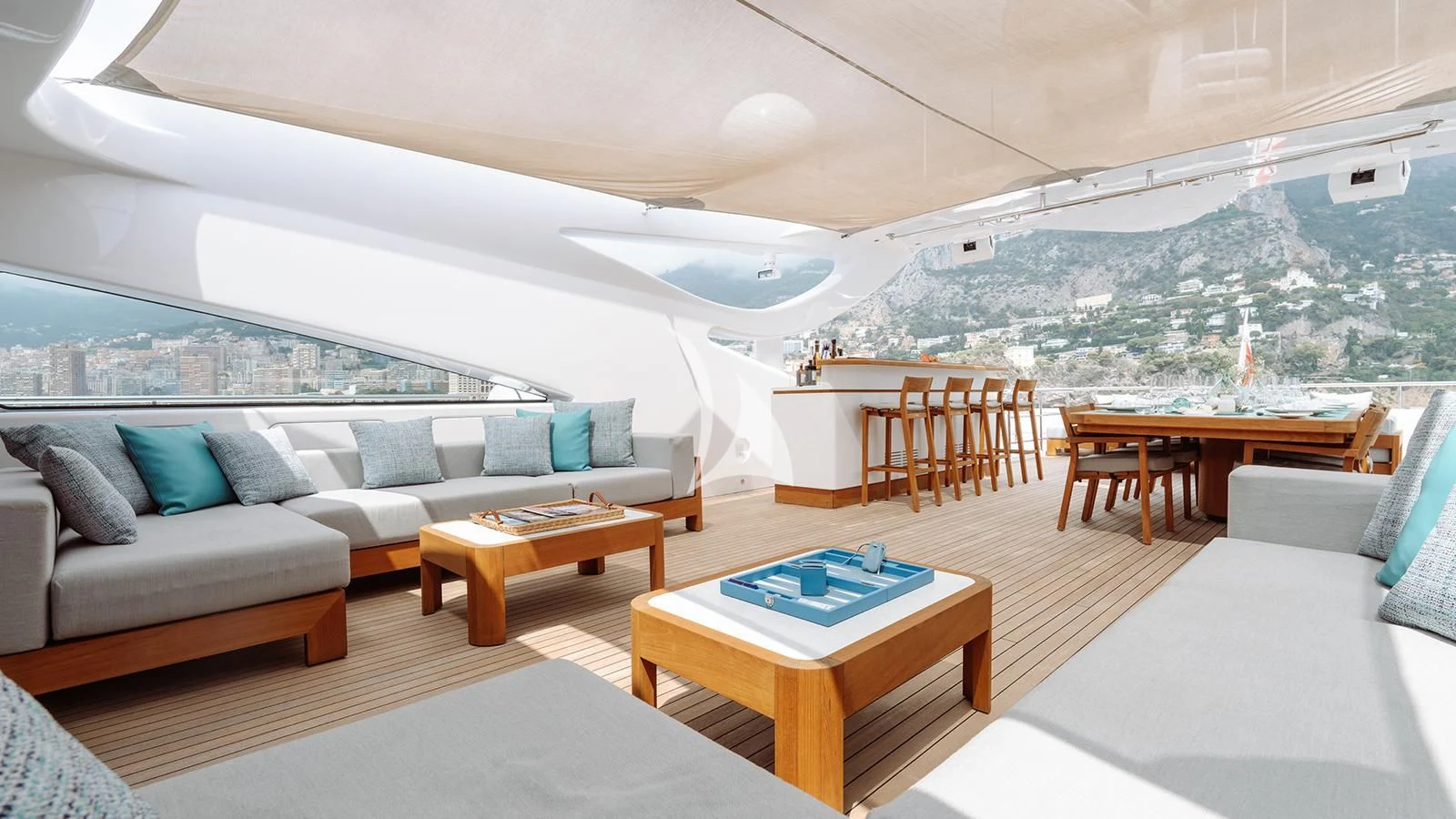 a living room with a couch and a table aboard BON VIVANT Yacht for Sale