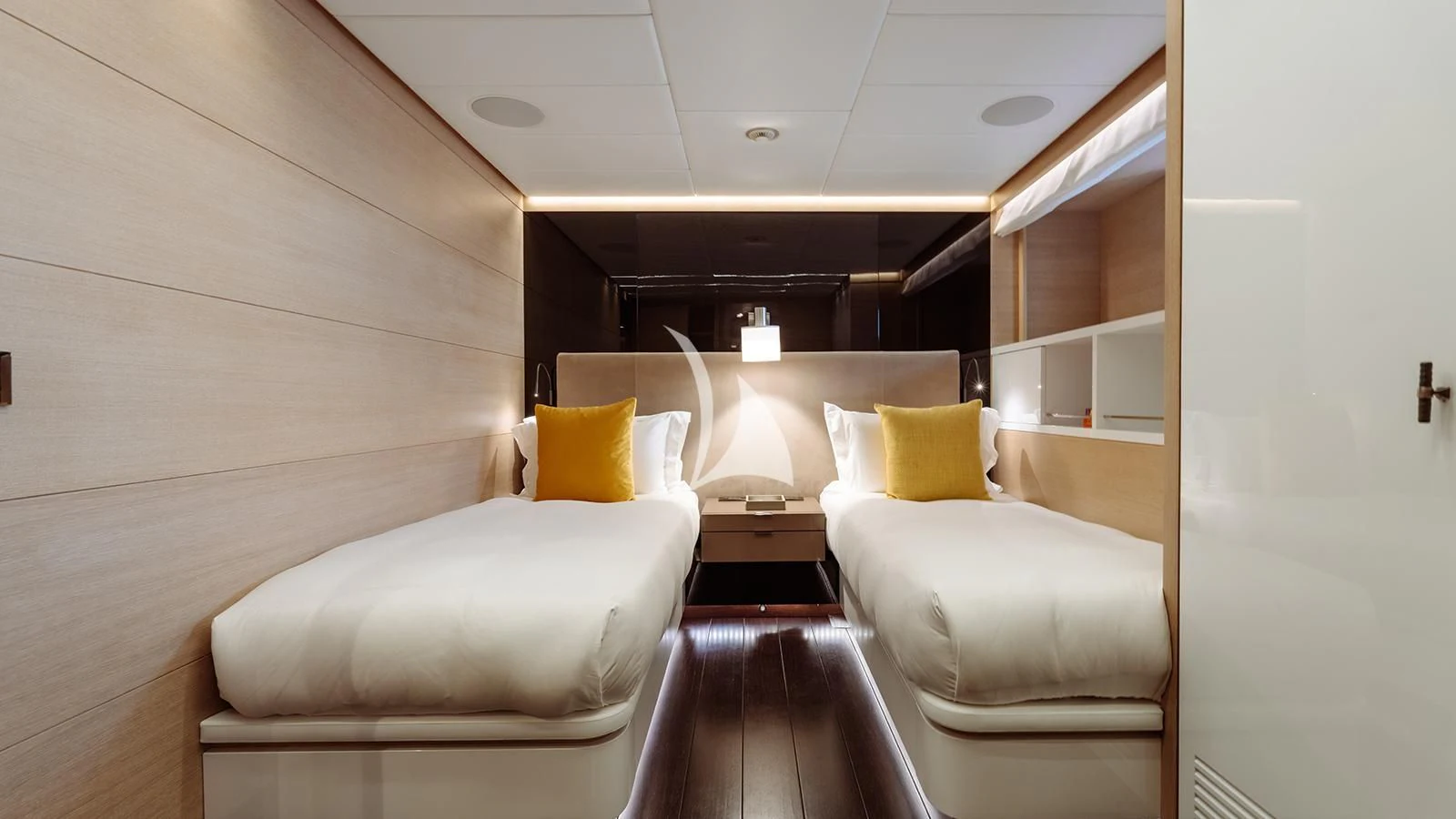 a room with two beds aboard BON VIVANT Yacht for Sale