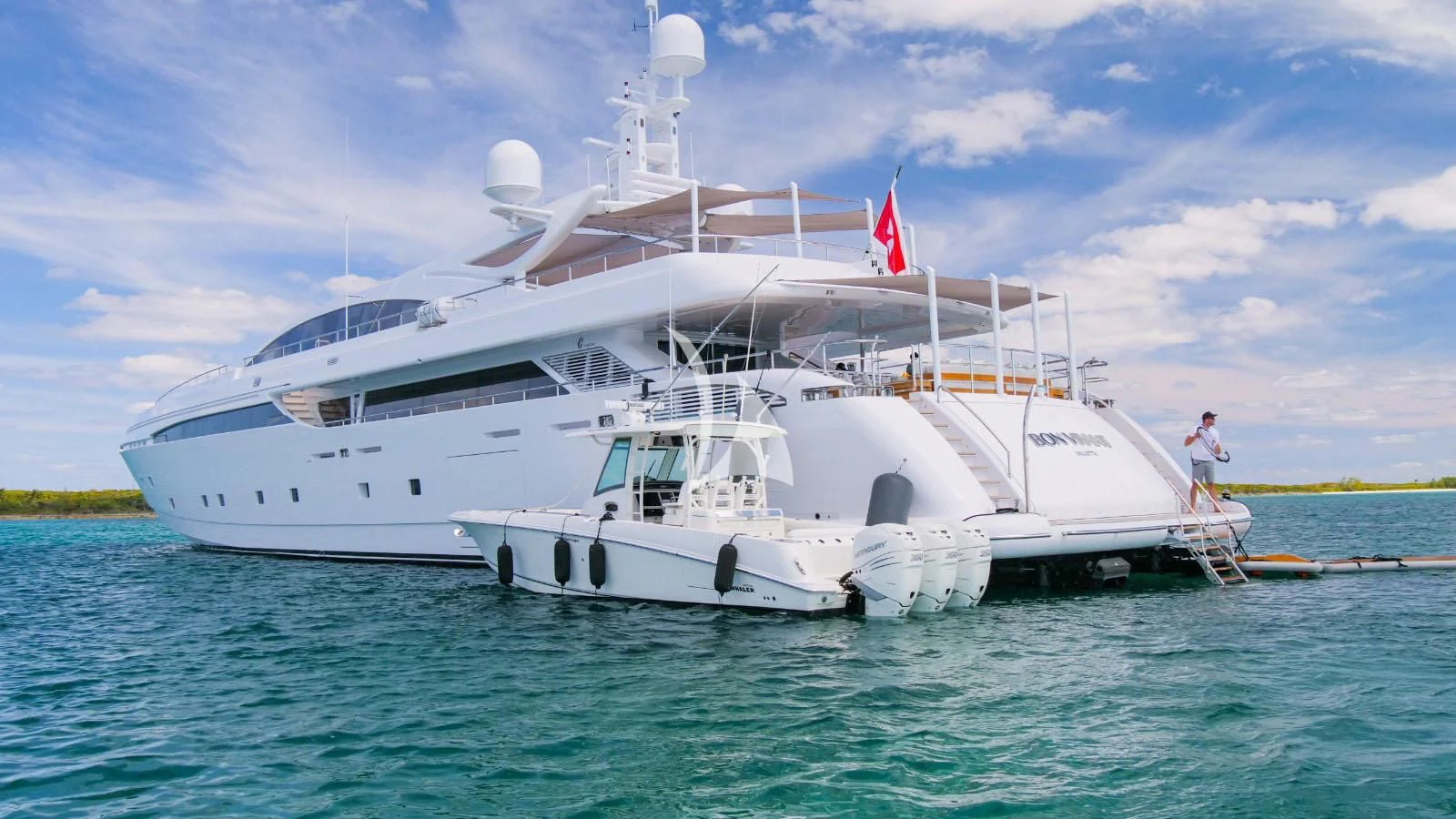 a large white boat in the water aboard BON VIVANT Yacht for Sale