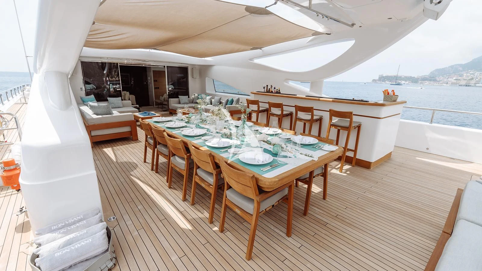 a dining table on a boat aboard BON VIVANT Yacht for Sale
