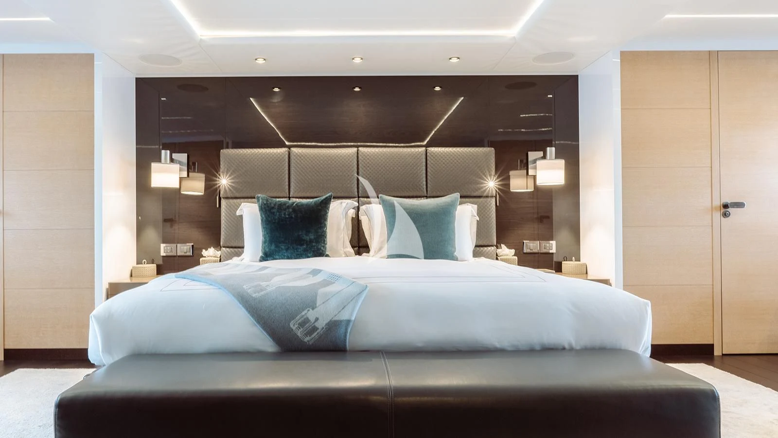 a bed with pillows aboard BON VIVANT Yacht for Sale