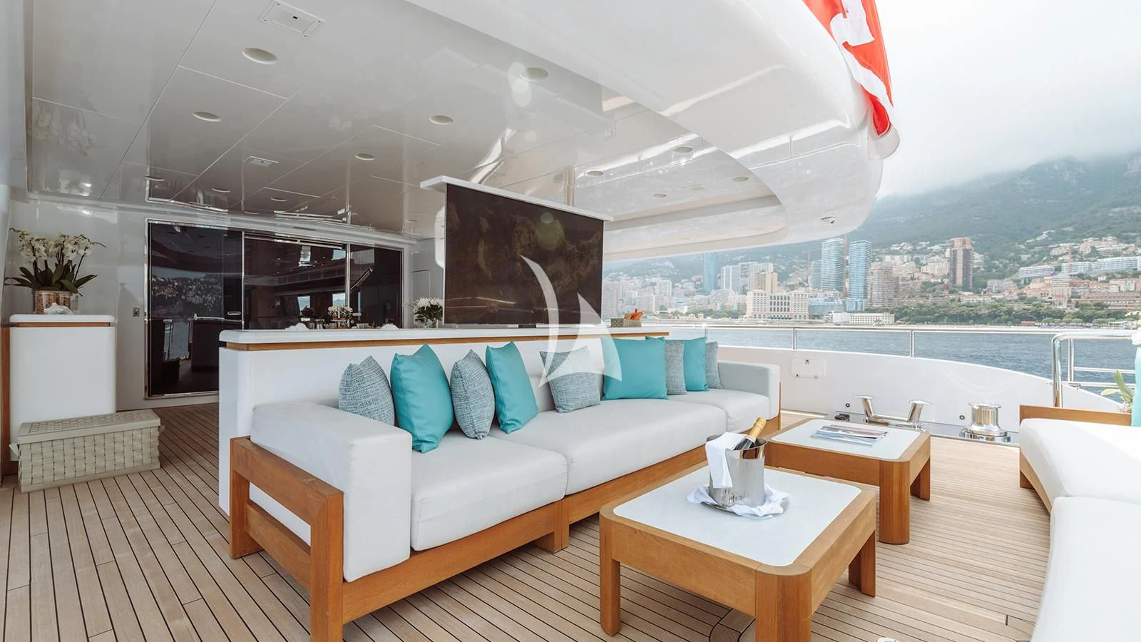 a living room with a large window aboard BON VIVANT Yacht for Sale
