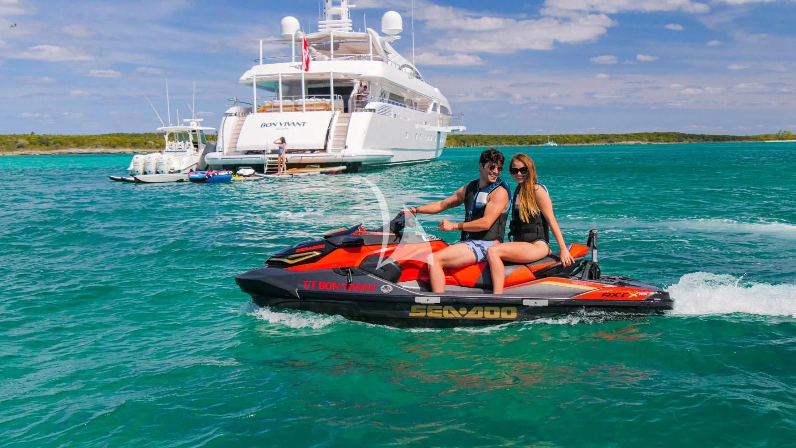 a group of people in a boat aboard BON VIVANT Yacht for Sale