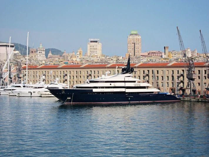 a large ship in the water aboard MAN OF STEEL Yacht for Charter