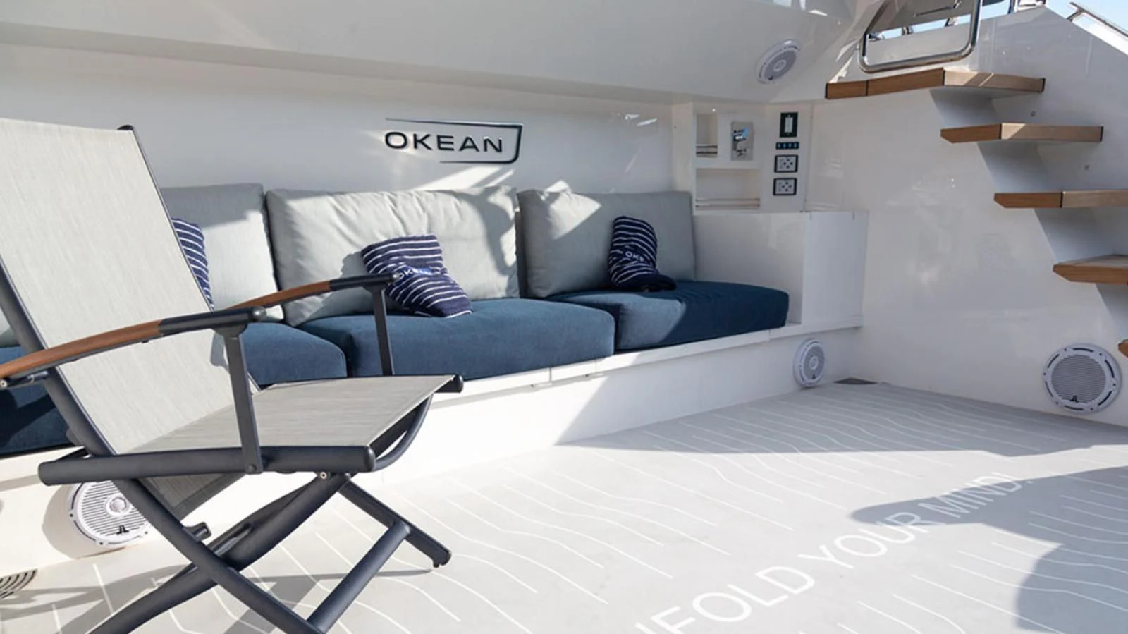 a room with a bed and a desk aboard OKEAN 80/01 Yacht for Sale
