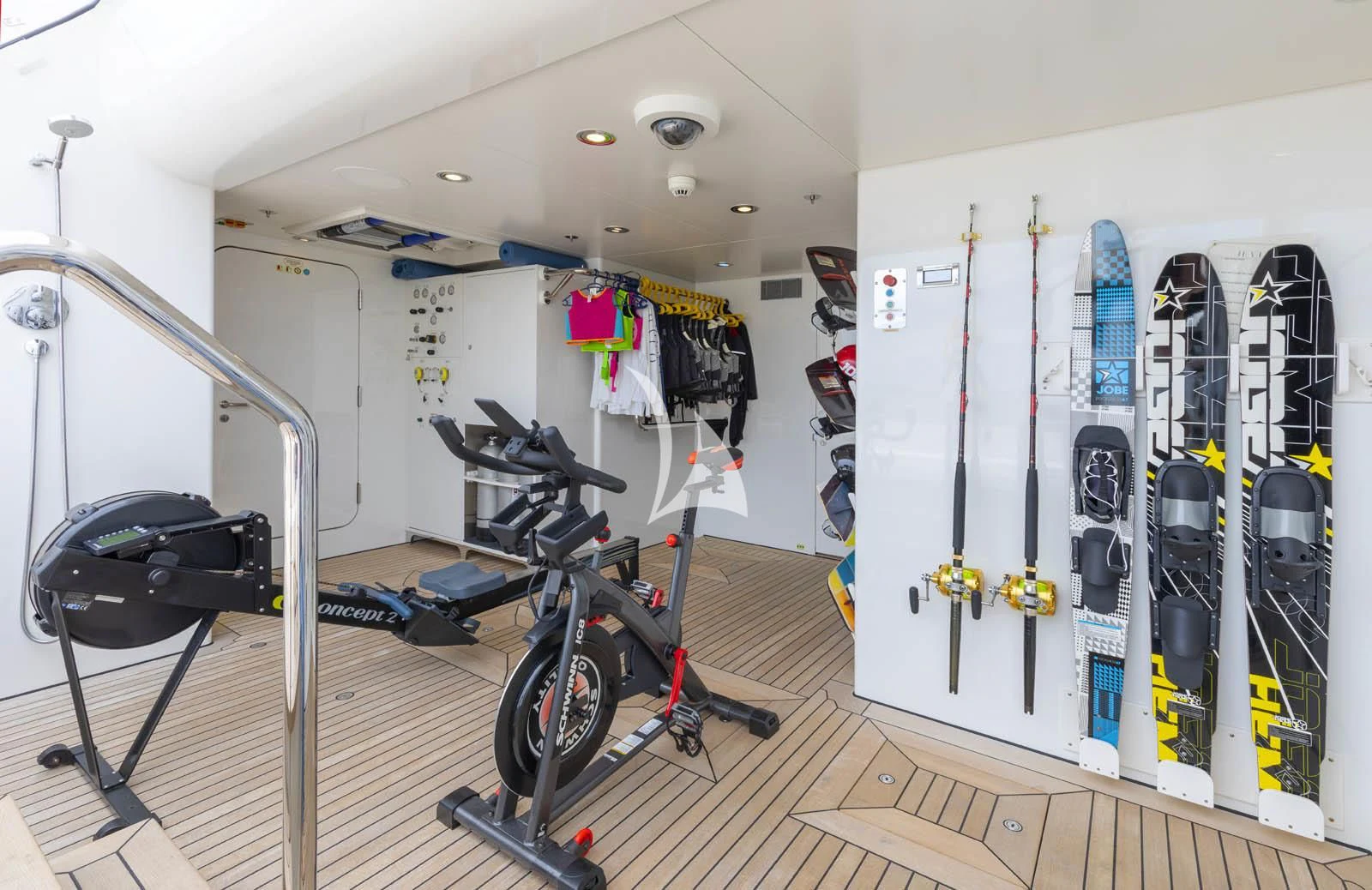 a bicycle in a room aboard HALO Yacht for Charter