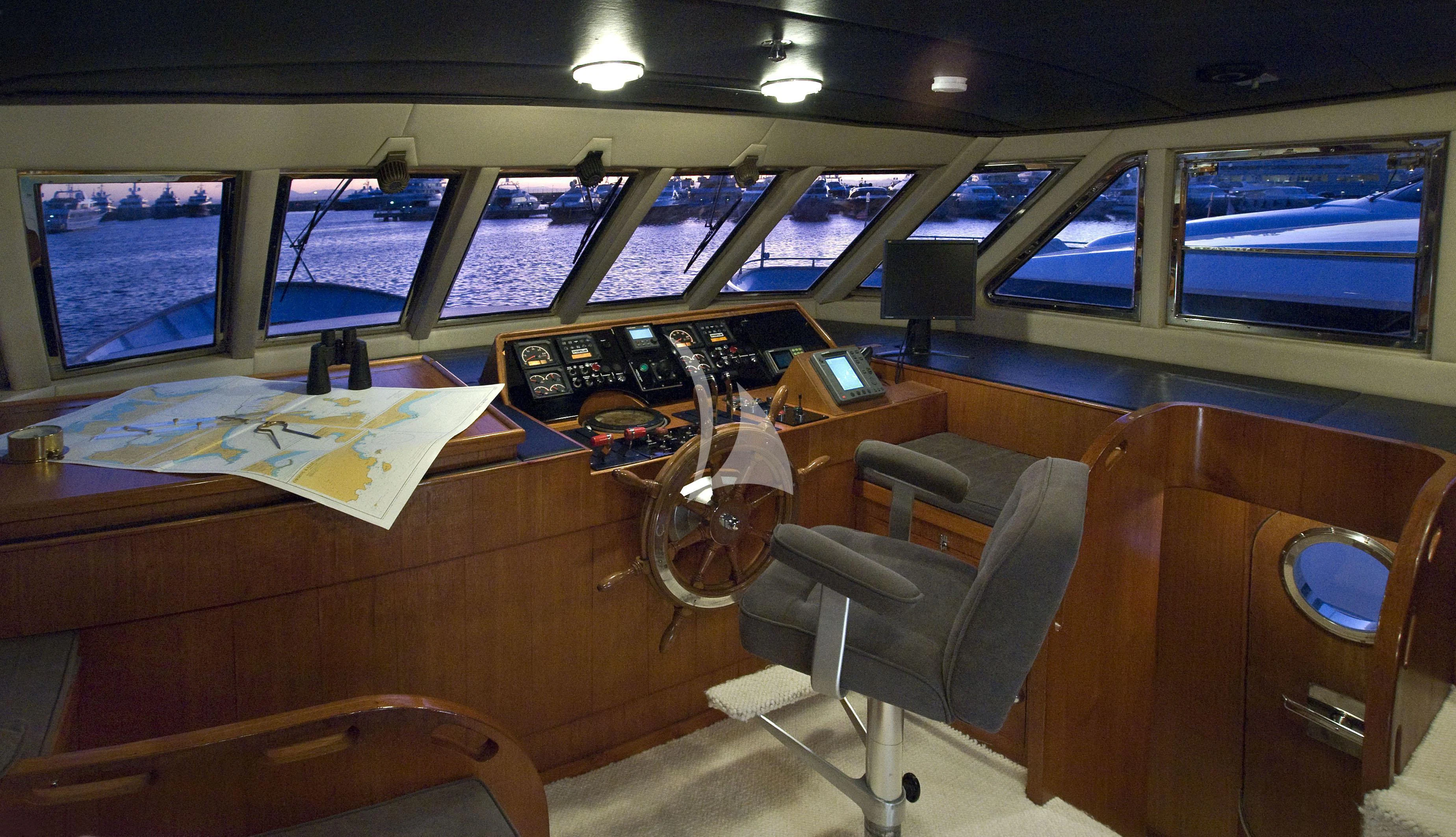 a room with a desk and chairs aboard OCEANE II Yacht for Sale