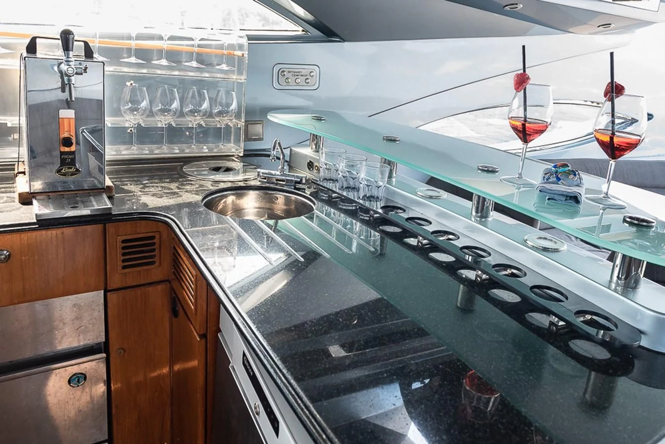 a kitchen with a glass counter aboard SMOOTH OPERATOR Yacht for Sale