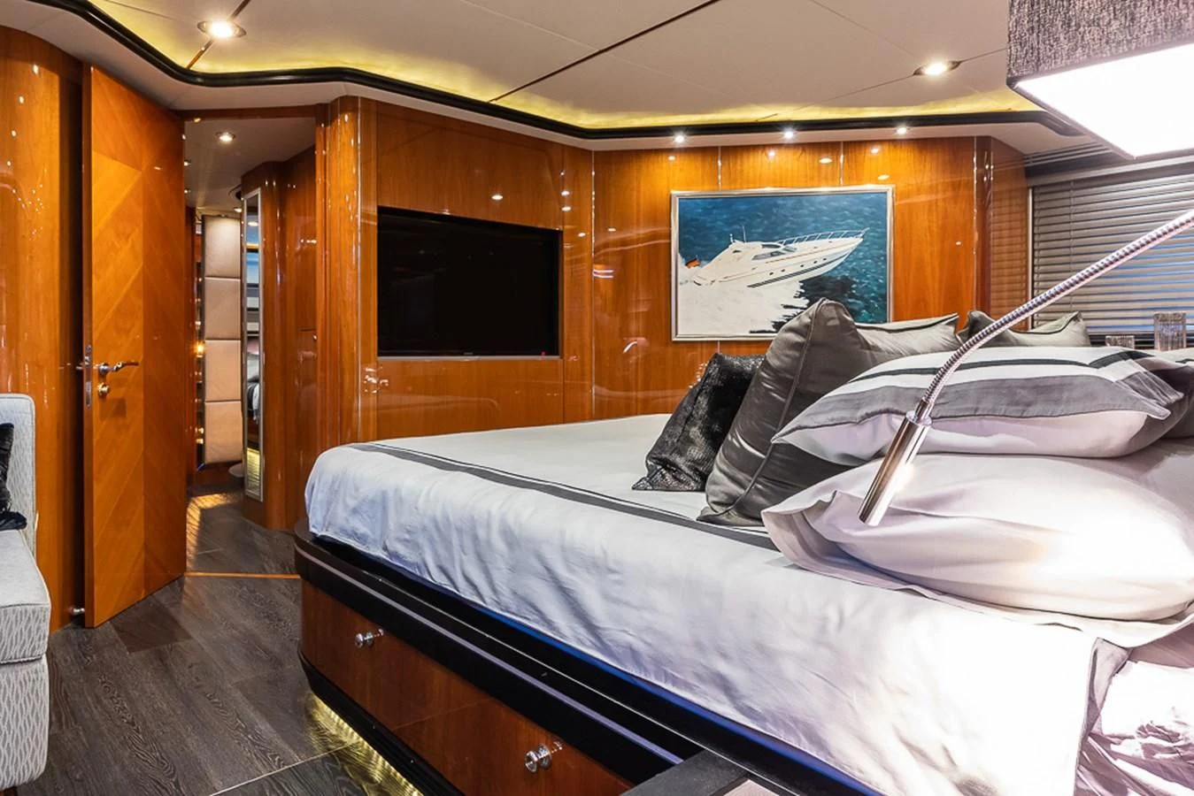 a bed in a room aboard SMOOTH OPERATOR Yacht for Sale