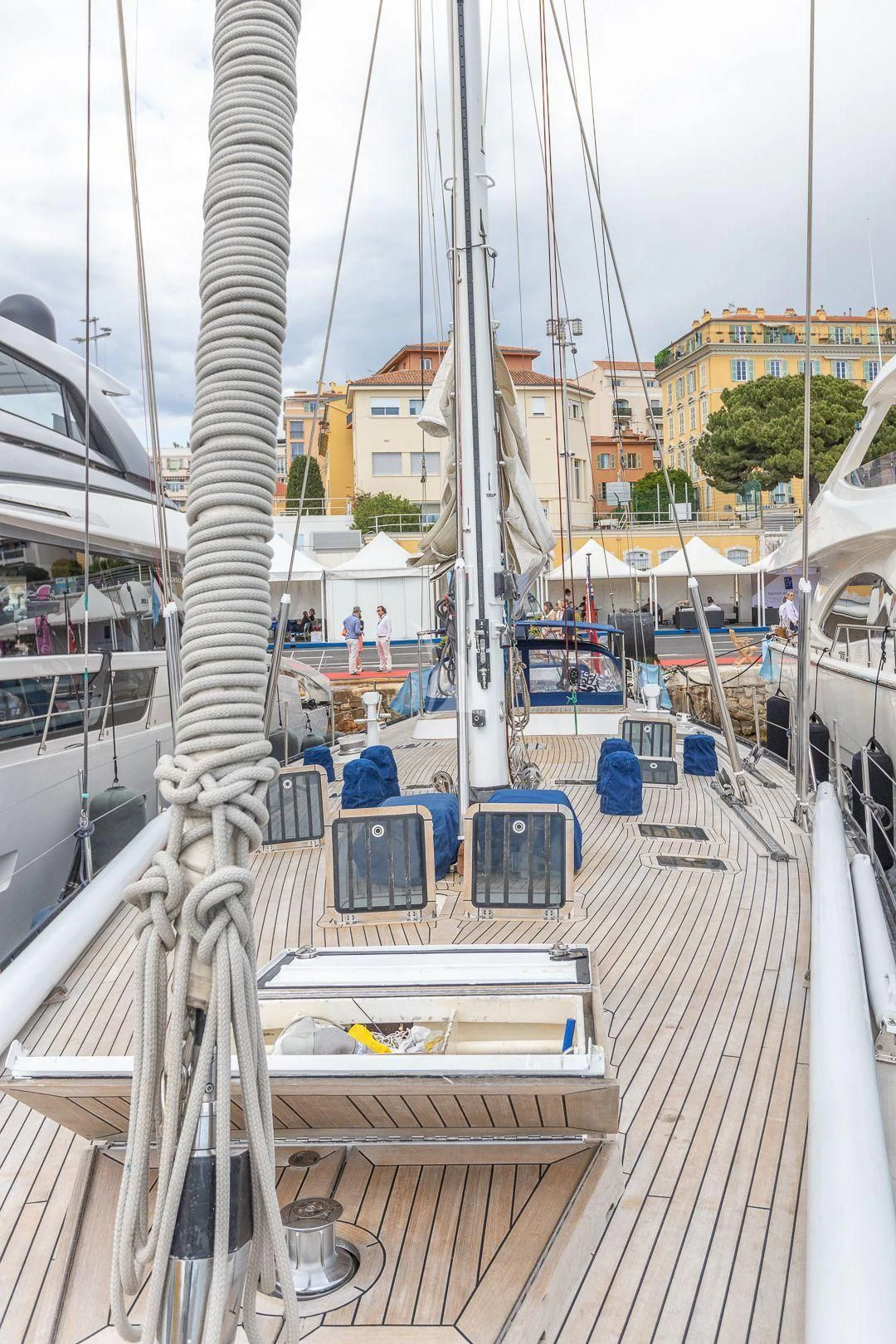 a boat dock with boats aboard DARK STAR OF LONDON Yacht for Charter