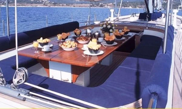 a boat with food on it aboard DARK STAR OF LONDON Yacht for Charter