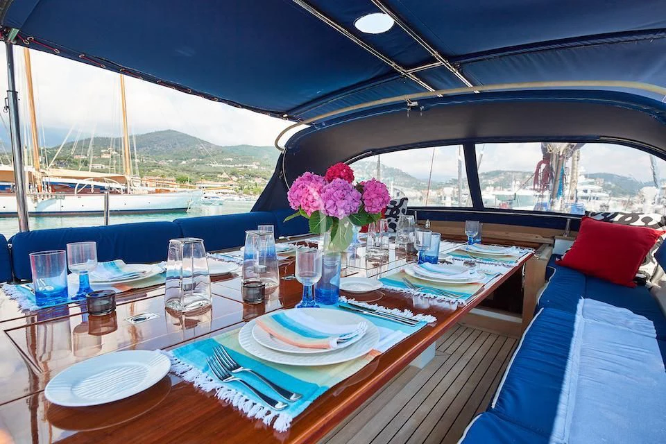 a table with plates and glasses on it aboard DARK STAR OF LONDON Yacht for Charter