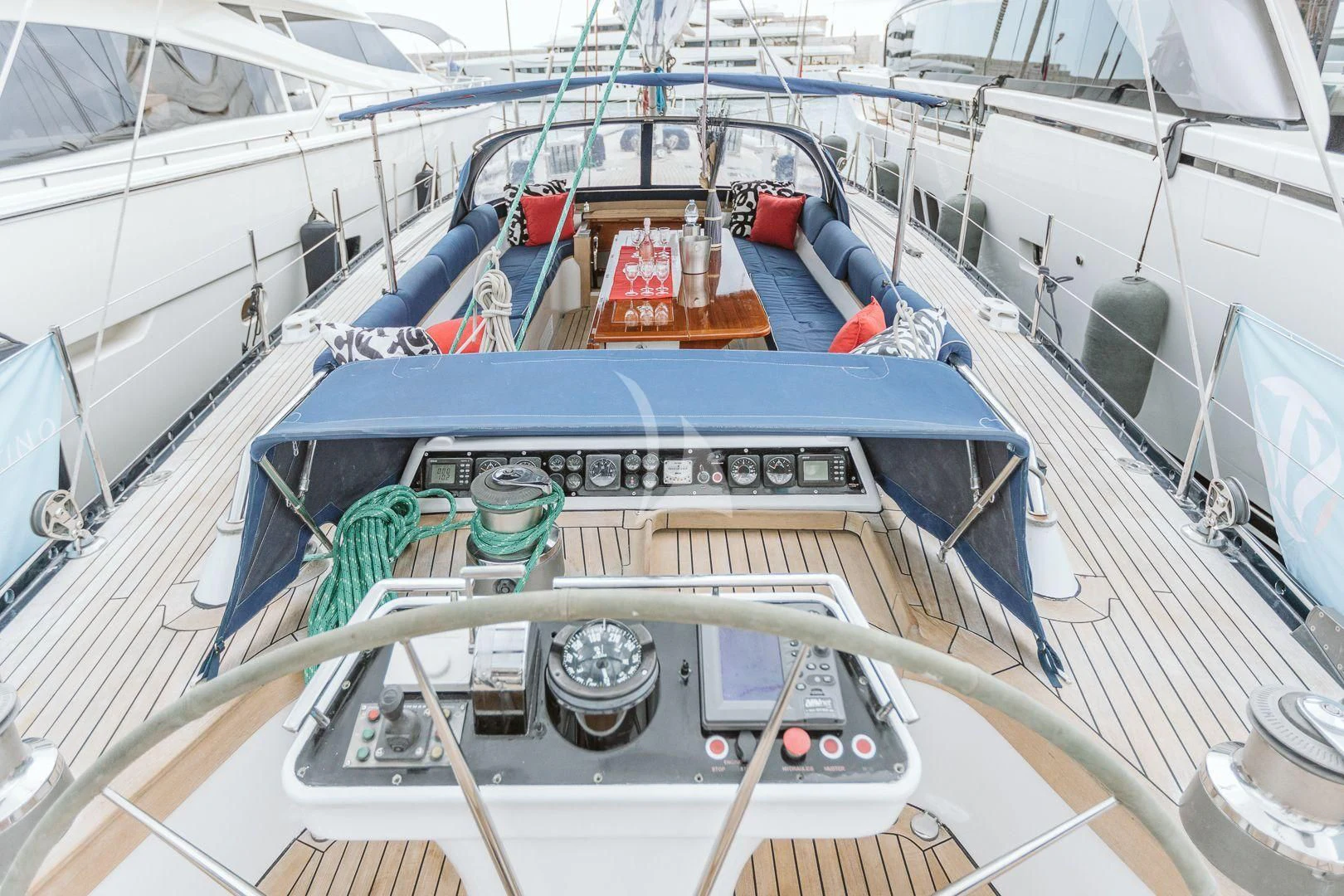 a ship with a deck and a deck and a deck aboard DARK STAR OF LONDON Yacht for Charter