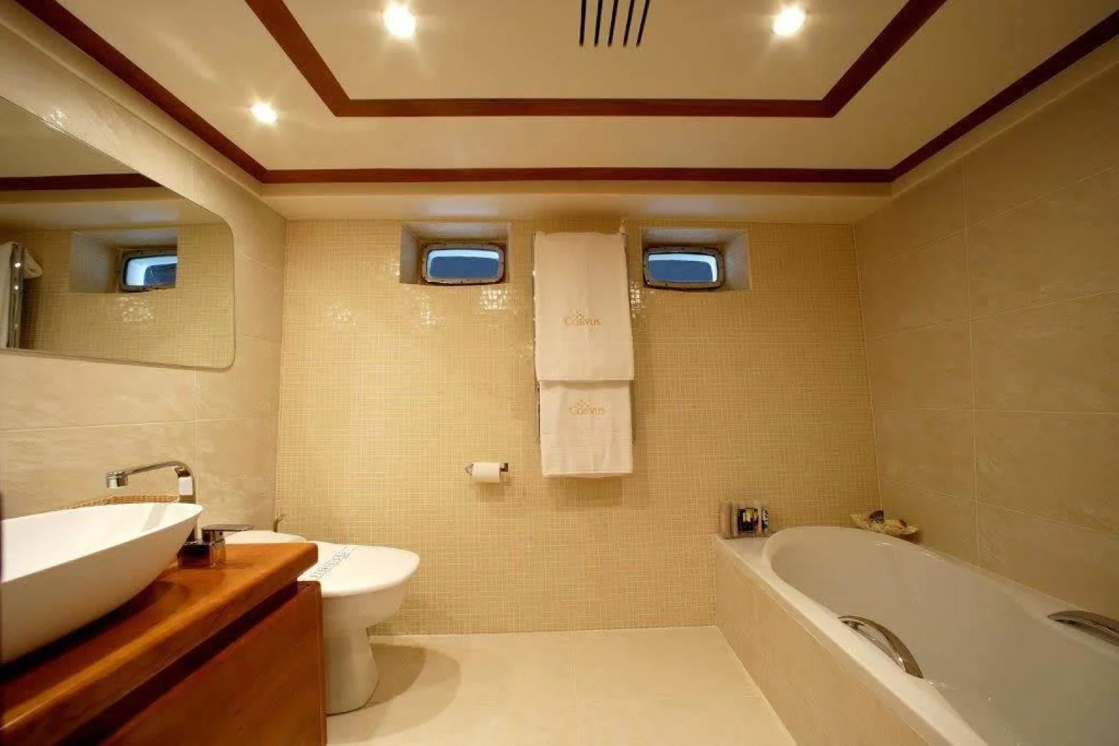 a bathroom with a tub sink and toilet aboard CORVUS Yacht for Sale
