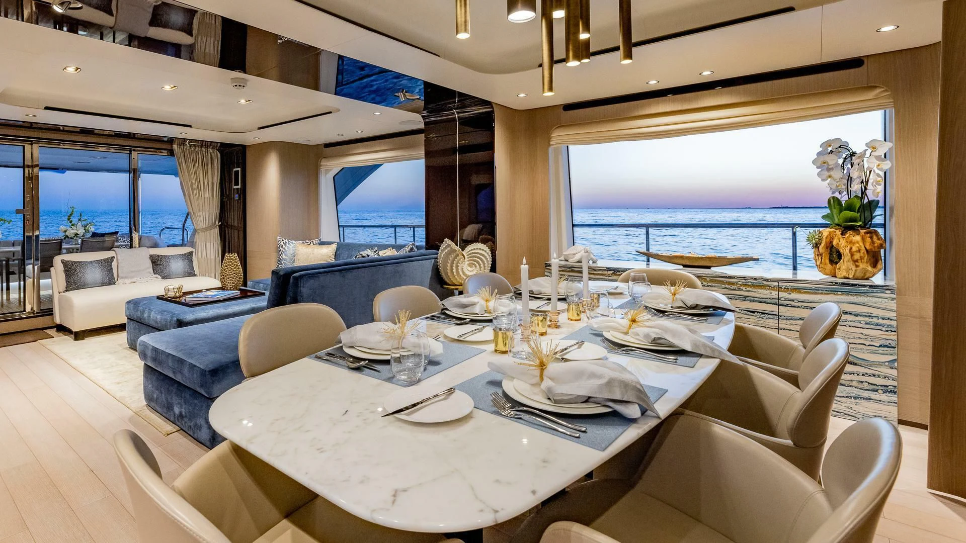 a large dining table in a room aboard CAPTAIN MORGAN II Yacht for Sale