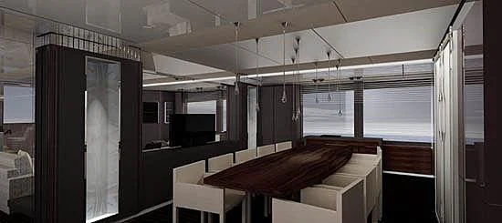 a room with a table and chairs aboard NERTILA Yacht for Sale