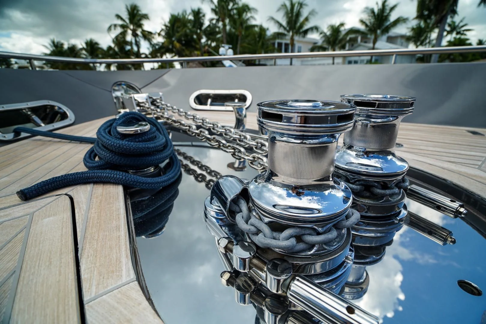 a group of metal pots on a table aboard AMORA Yacht for Sale