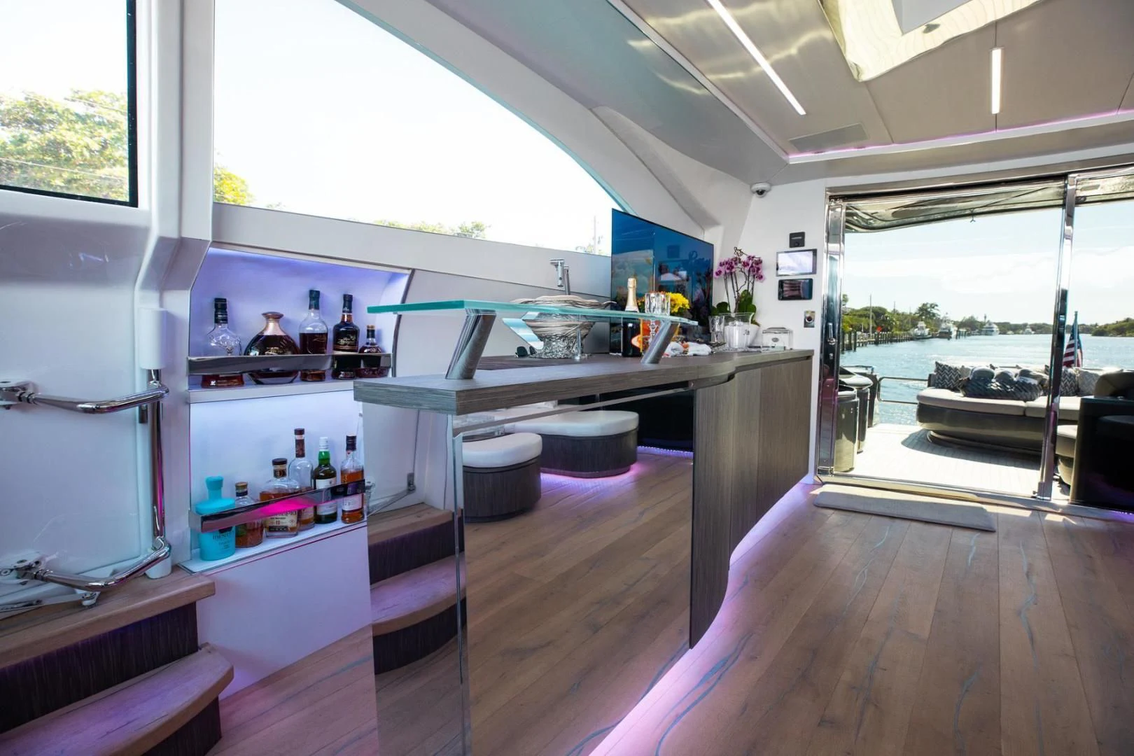 a kitchen with a large window aboard AMORA Yacht for Sale