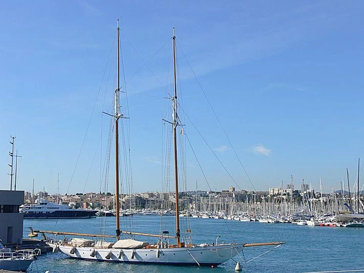 a group of boats are parked in a harbor aboard PURITAN Yacht for Sale
