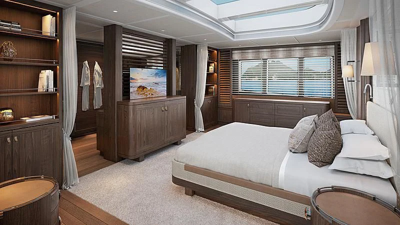 a bedroom with a bed and a bookcase aboard JOSEPHINE I Yacht for Sale