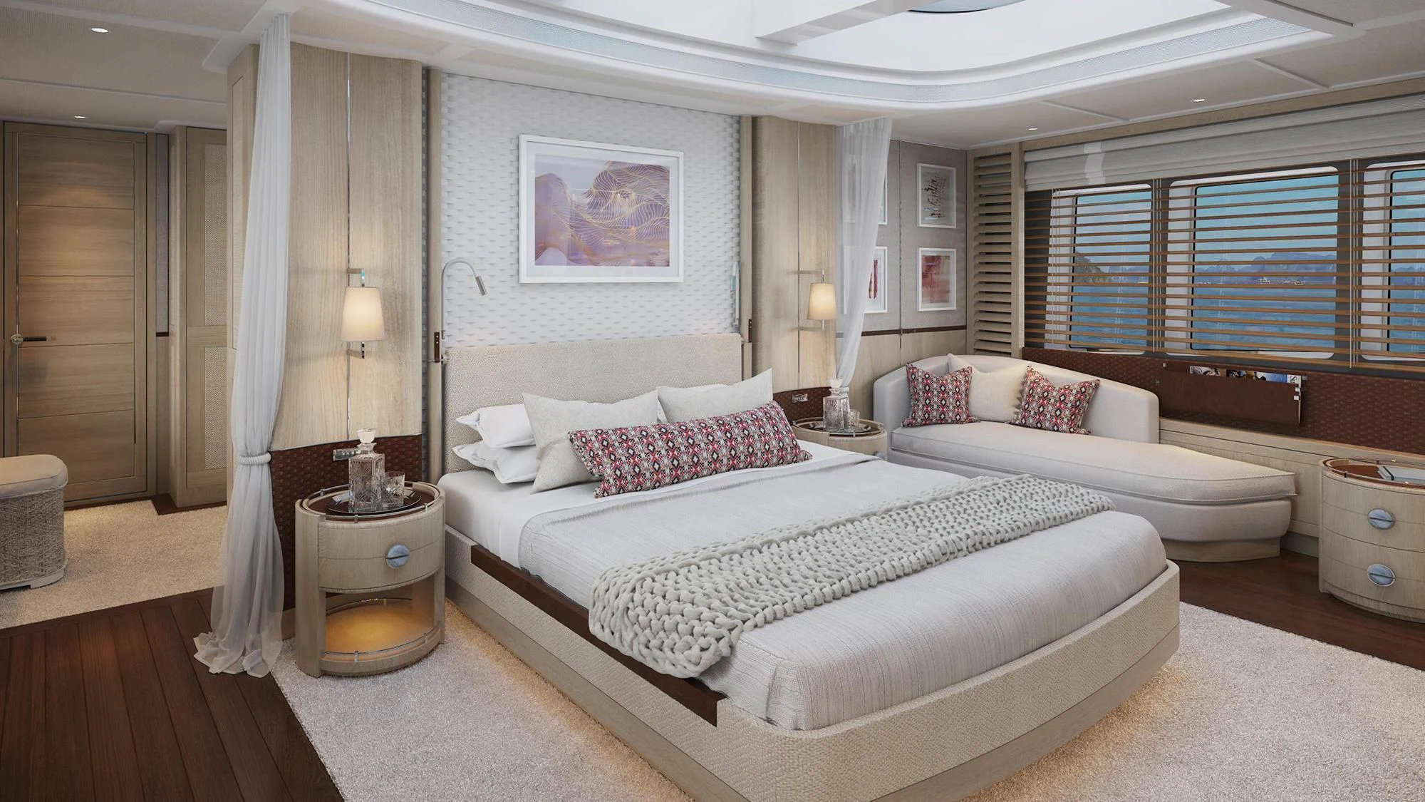 a bedroom with a bed and a window aboard JOSEPHINE I Yacht for Sale