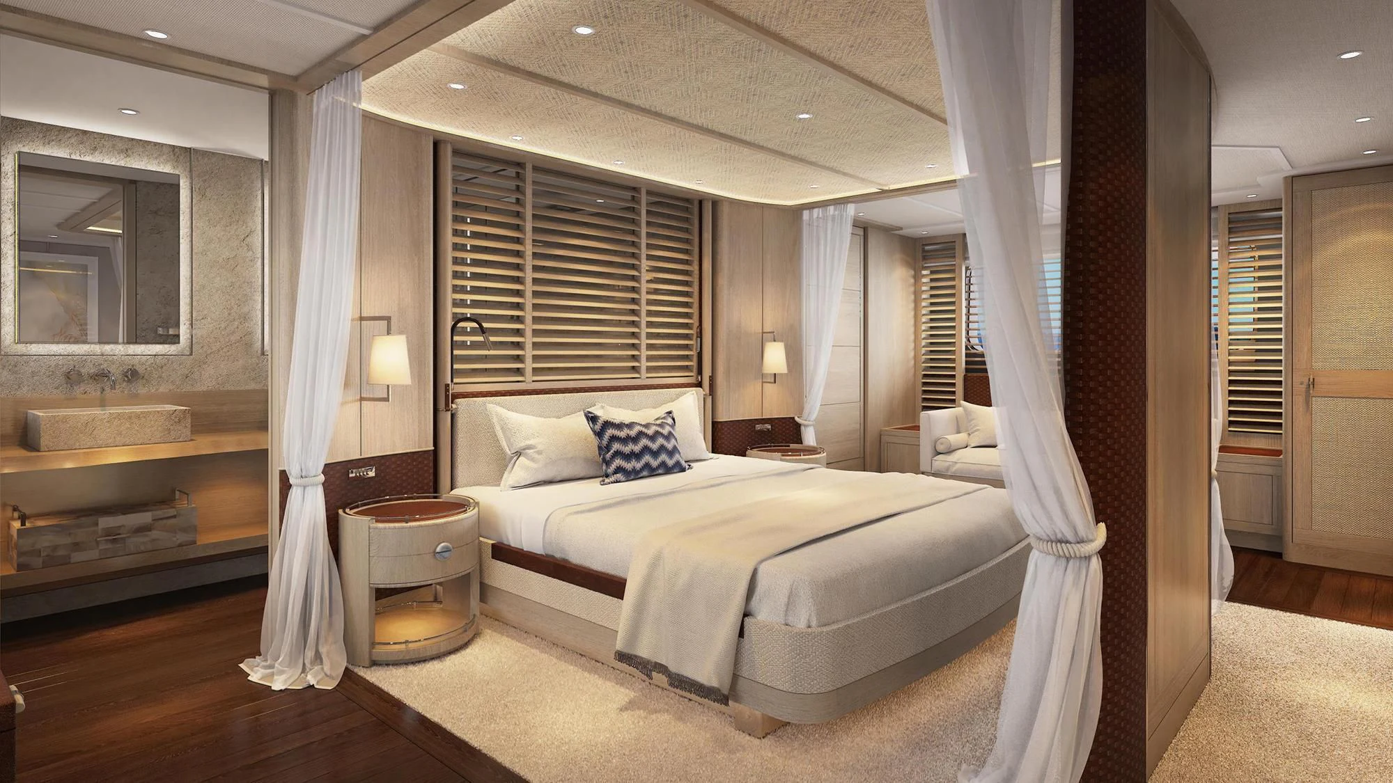 a bedroom with a bed and a mirror aboard JOSEPHINE I Yacht for Sale