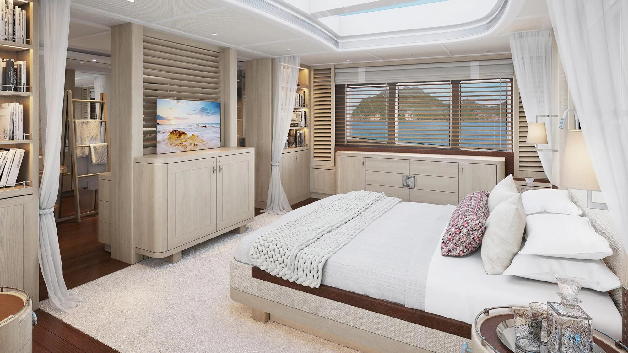 a bedroom with a bed and a desk aboard JOSEPHINE I Yacht for Sale