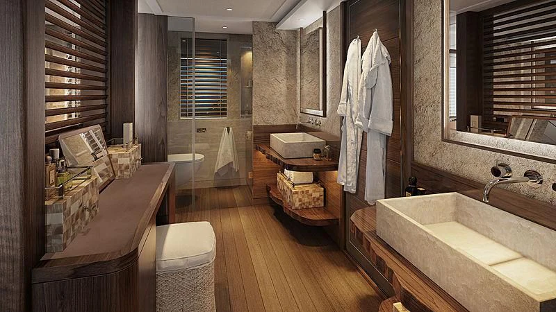 a bathroom with a tub sink and a mirror aboard JOSEPHINE I Yacht for Sale