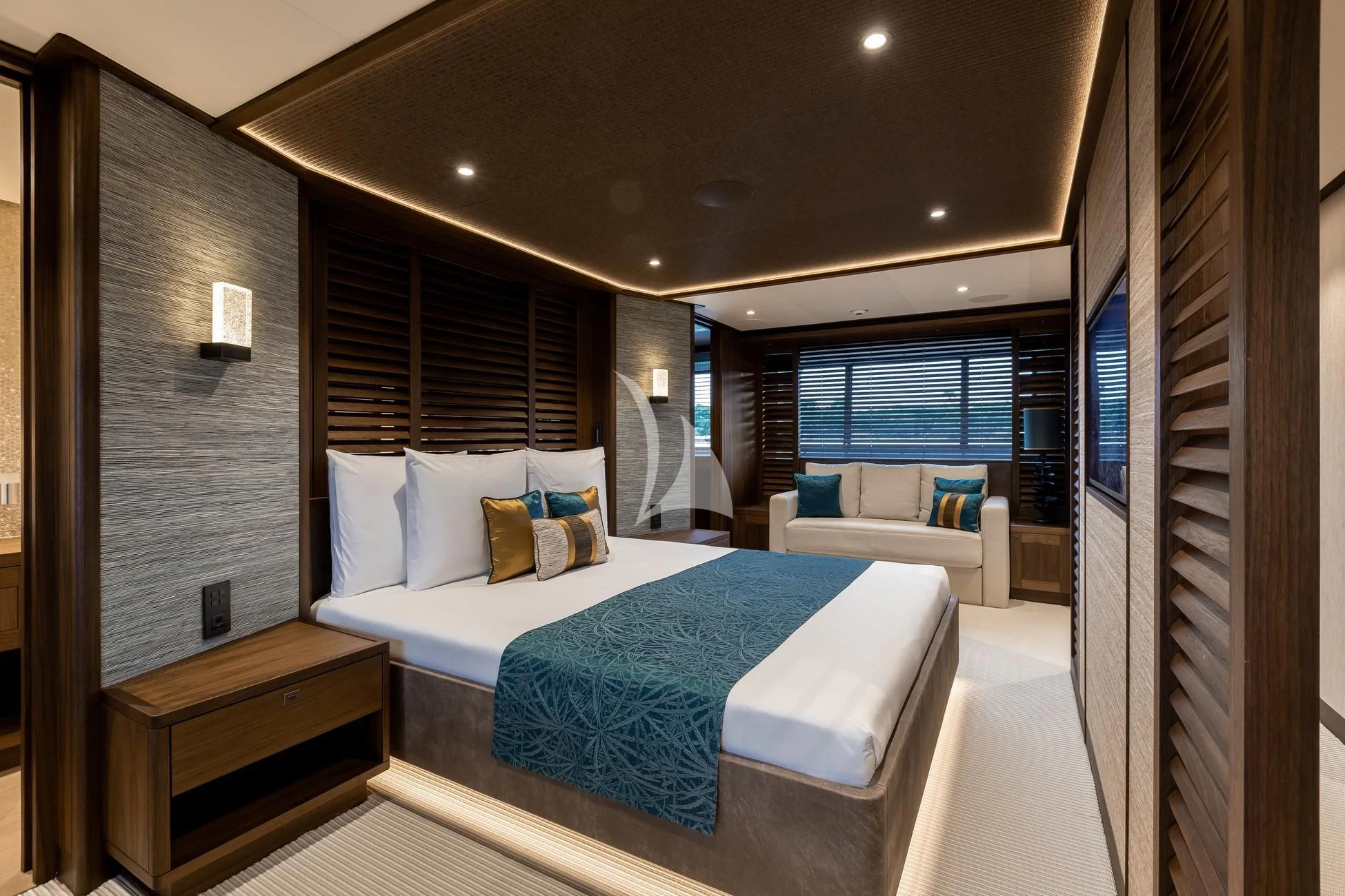 a bed in a room aboard JOSEPHINE I Yacht for Sale