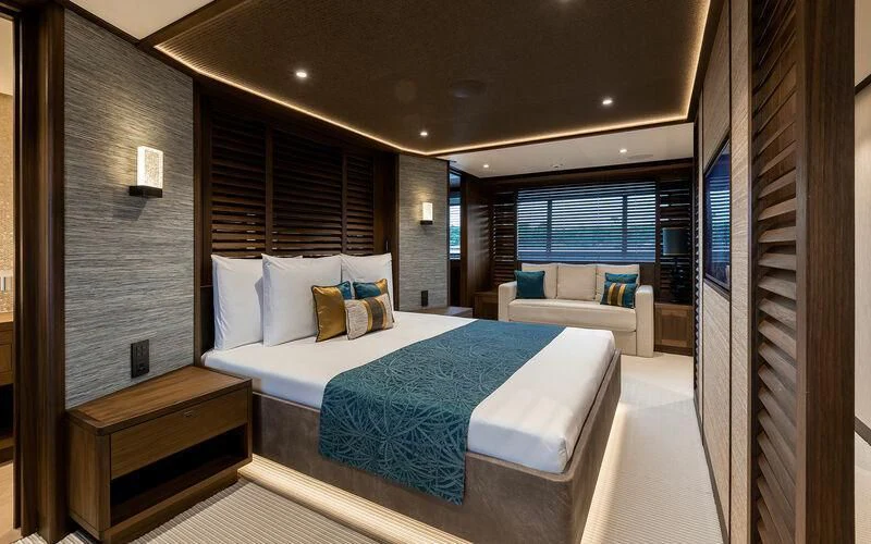 a bed in a room aboard JOSEPHINE I Yacht for Sale