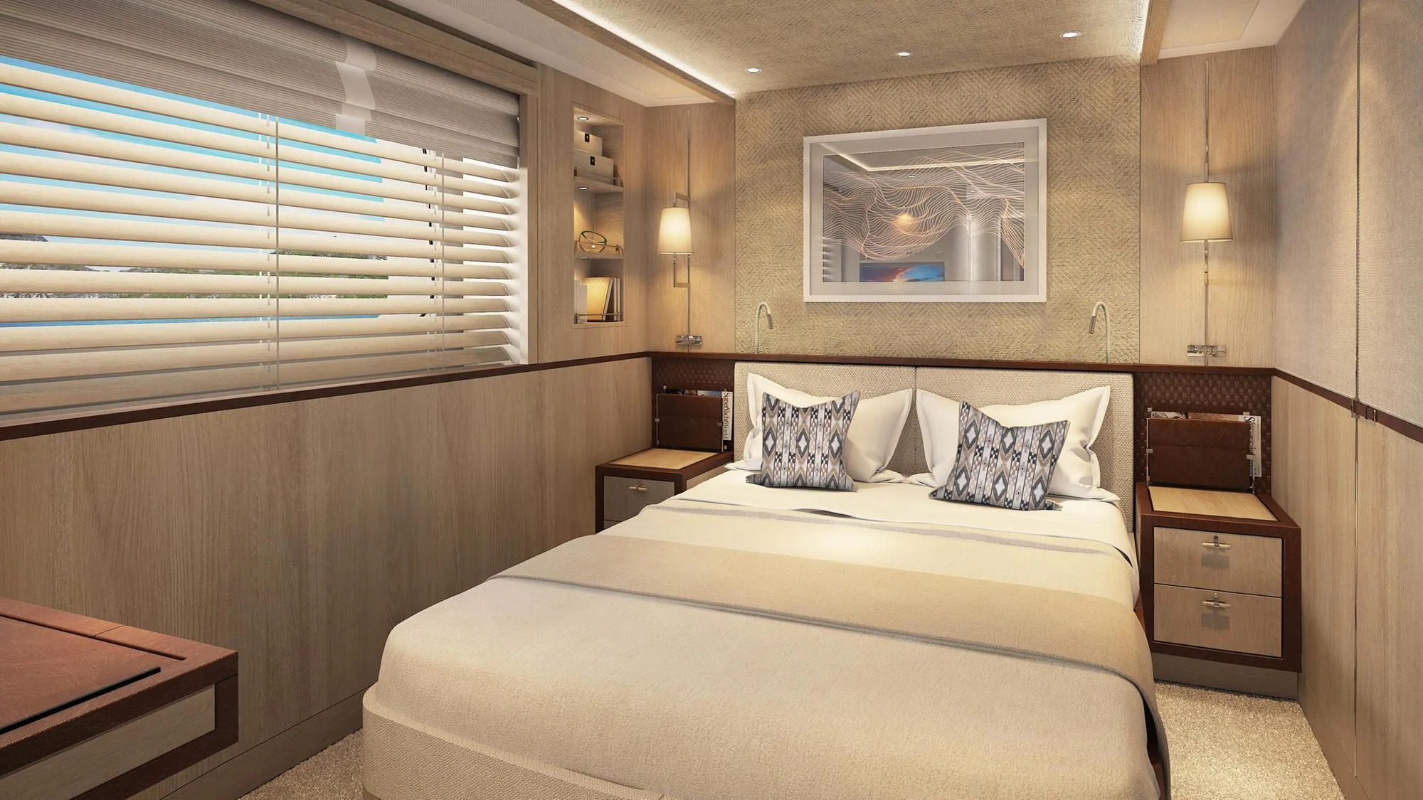 a bedroom with a bed and a window aboard JOSEPHINE I Yacht for Sale