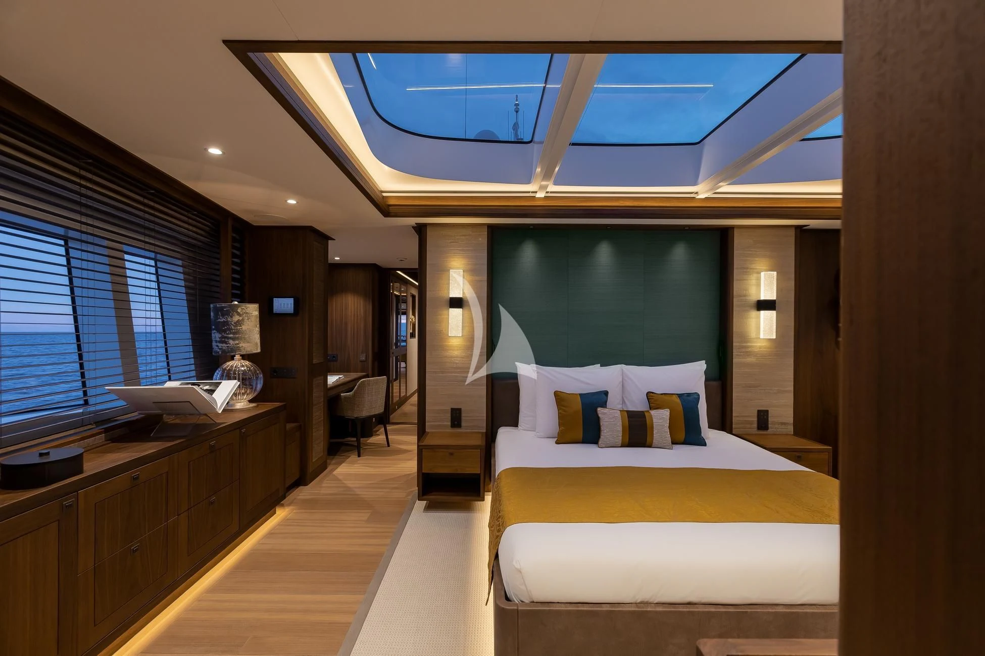 a room with a bed and a desk aboard JOSEPHINE I Yacht for Sale