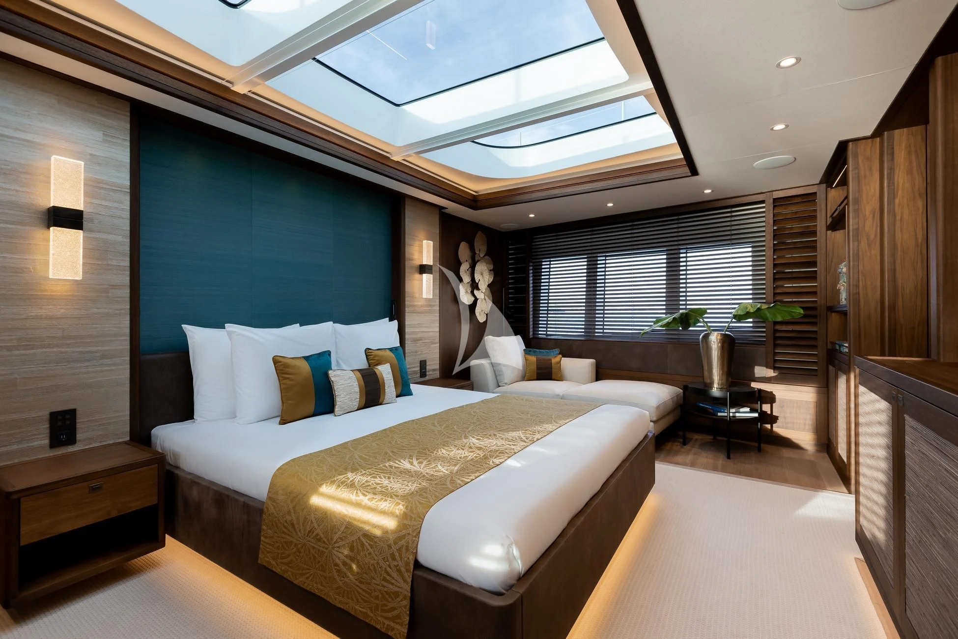 a large bed in a room aboard JOSEPHINE I Yacht for Sale