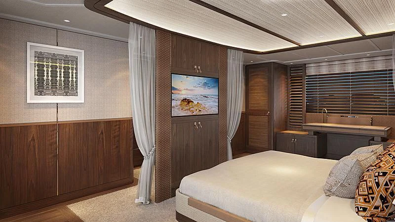 a bedroom with a bed and a desk aboard JOSEPHINE I Yacht for Sale