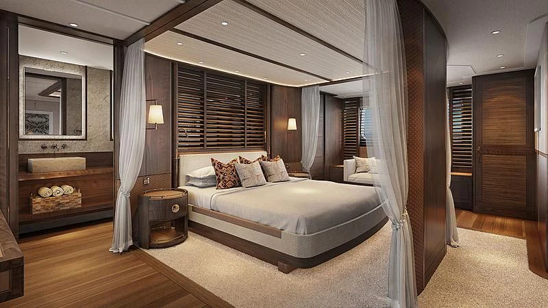 a large bedroom with a bed aboard JOSEPHINE I Yacht for Sale