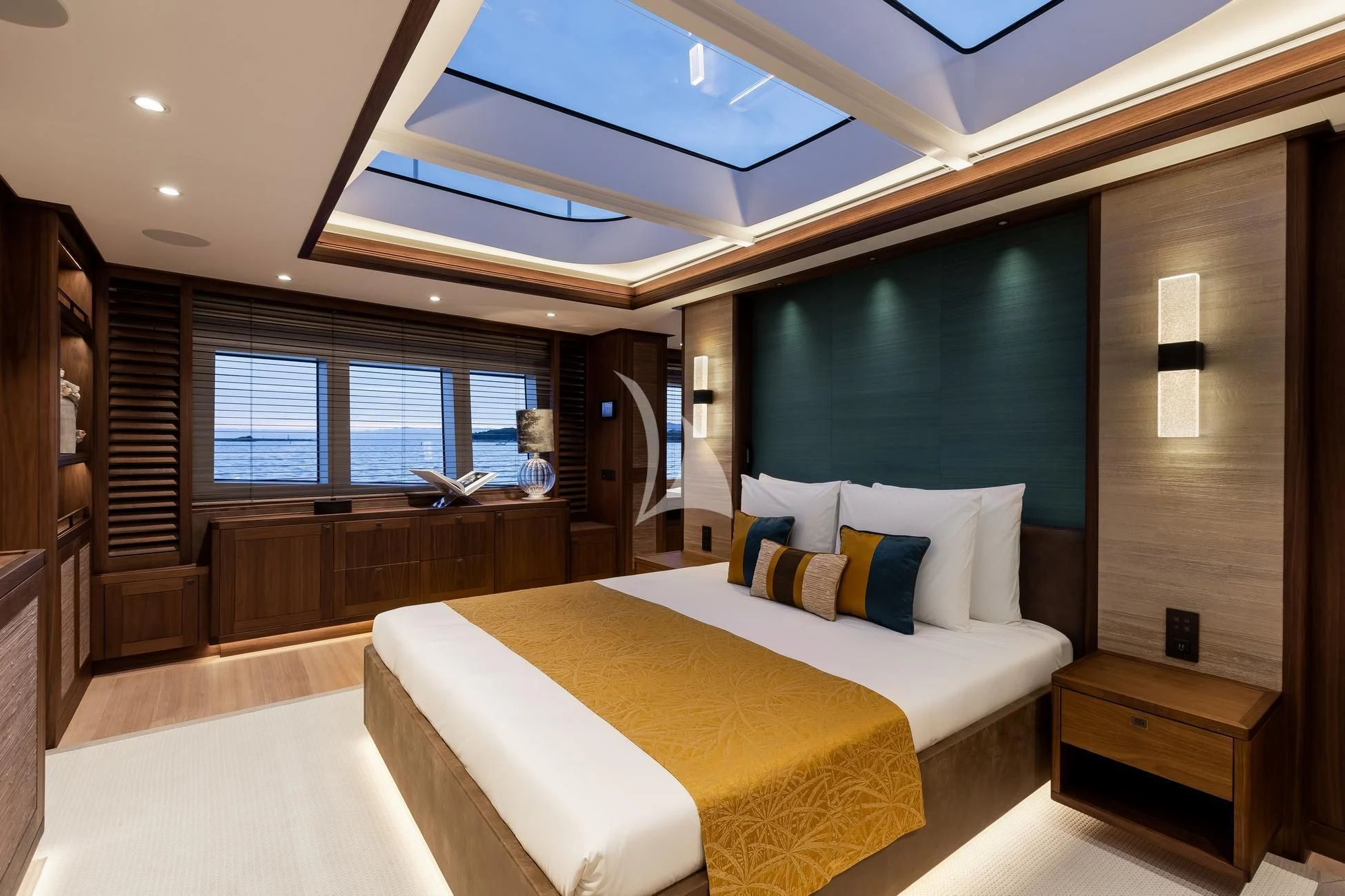 a large hotel room with a large bed and a large window aboard JOSEPHINE I Yacht for Sale