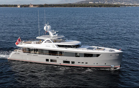 a large white boat on the water aboard JOSEPHINE I Yacht for Sale
