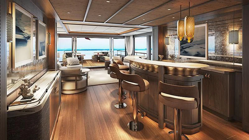 a kitchen with a large island aboard JOSEPHINE I Yacht for Sale