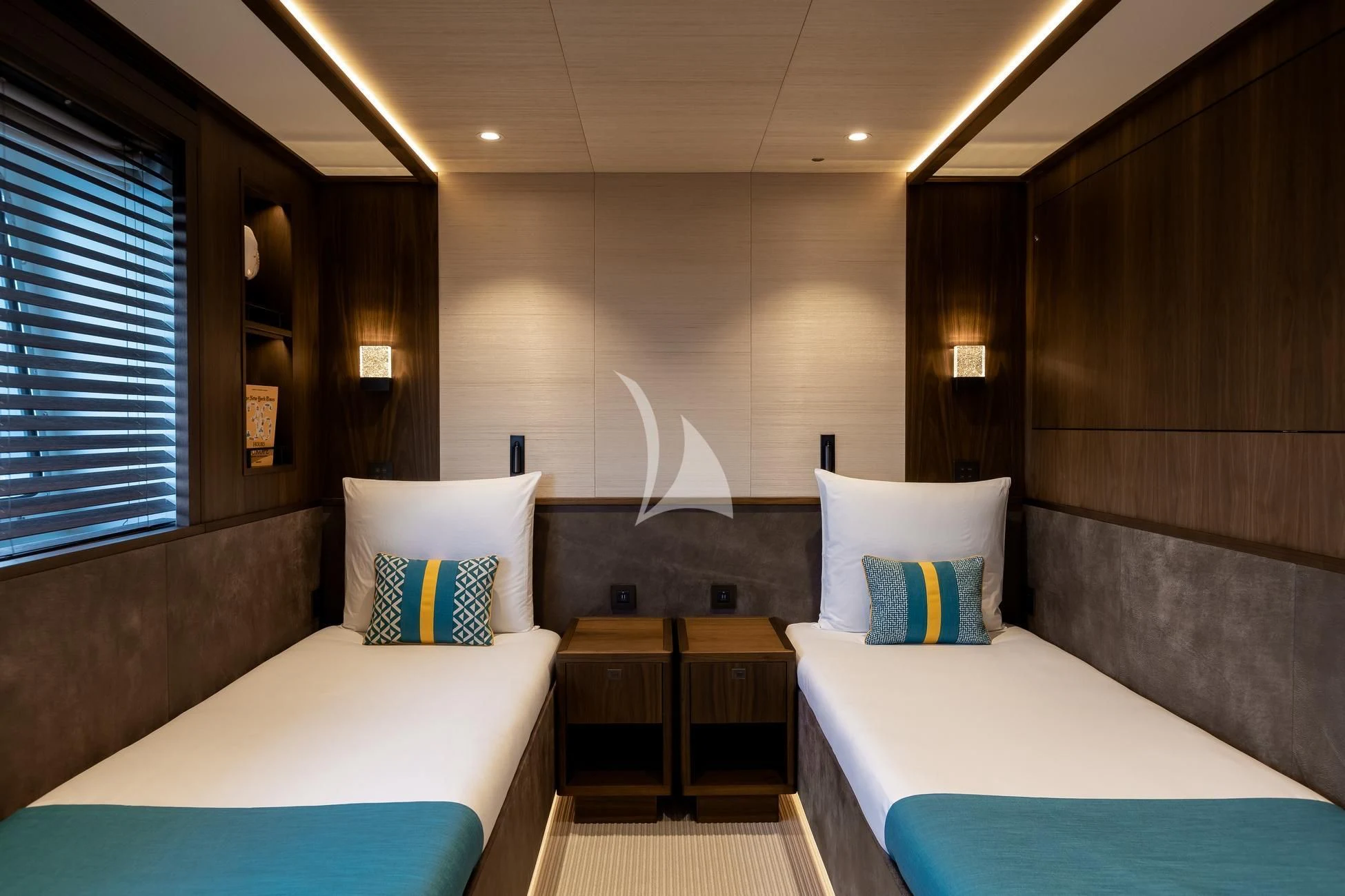 a room with beds and a couch aboard JOSEPHINE I Yacht for Sale